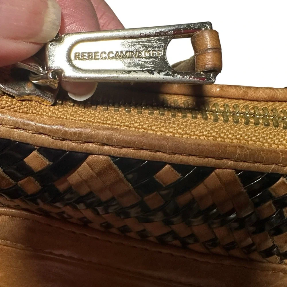Rebecca Minkoff MAC Woven‎ Leather Crossbody Tan Black Chain Strap Shoulder Bag